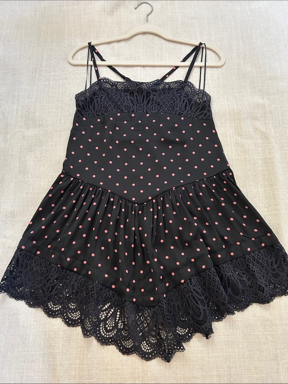 Intimately Free People City Wanders Trapeze Slip Black/Pink Polka Dot Lace Trim - Picture 13 of 14